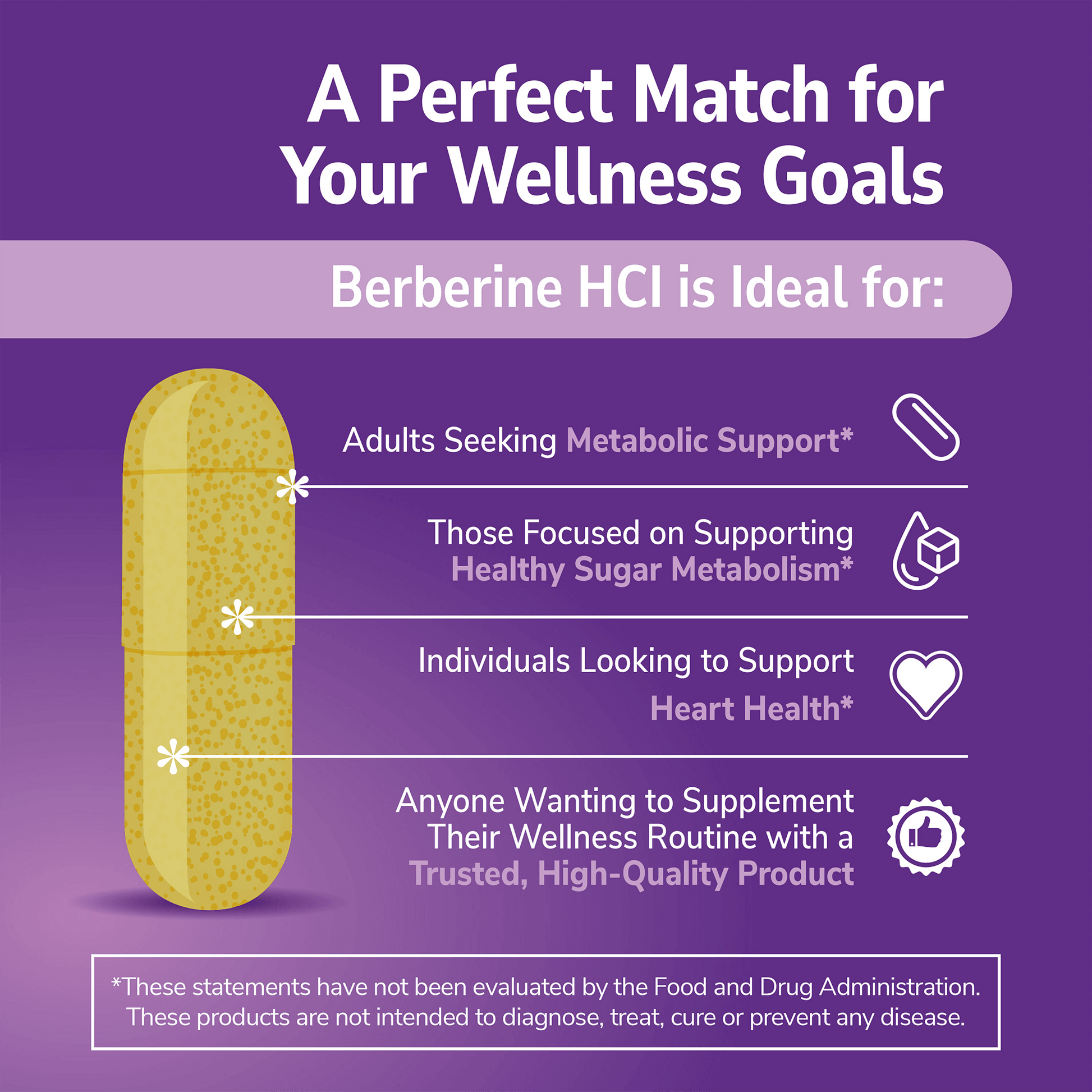 An image of a berberine hcl capsule, copy stating a perfect match for your wellness goals, berberine hcl is ideal for, and the claims adults seeking metabolism support, those focused on maintaining healthy blood sugar levels, individuals looking to support hearth health and anyone wanting to supplement their wellness routine with a trusted, high-quality product.