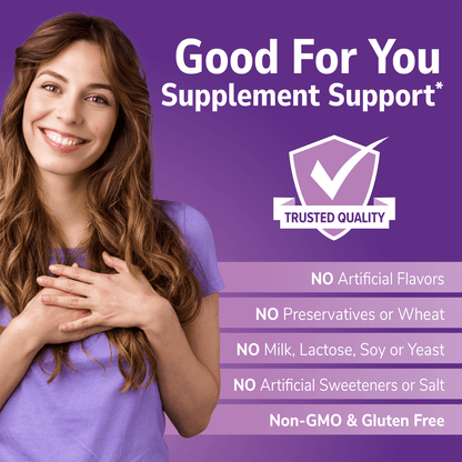 An image of a woman smiling holding her hands over her heart and the nutritious claims no artificial flavors, no preservatives or wheat, no milk, lactose, soy or yeast, no artificial sweeteners or salt, non-gmo and gluten free.