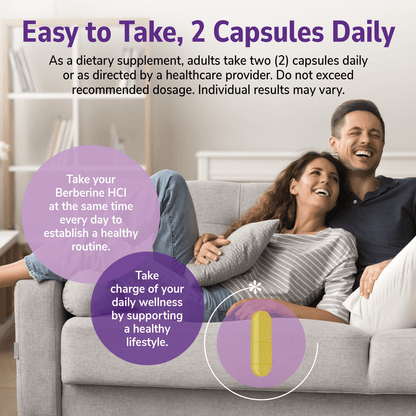 An image of a couple laughing while laying on a couch together, product directions for use, and copy that states take your berberine hcl at the same time every day to establish a healthy routine, and take charge of your daily wellness by supporting a healthy lifestyle.
