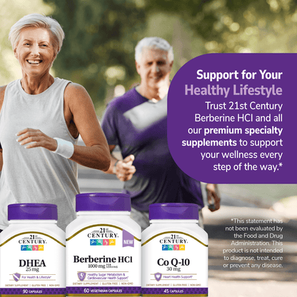 An image of an senior couple running in a neighborhood, a bottle of 21st century dhea 25 mg, berberine hcl 1000 mg and co q-10 30 mg and the claim support for your healthy lifestyle, trust 21st century berberine hcl and all our premium speciality supplements to support your wellness every step of the way.