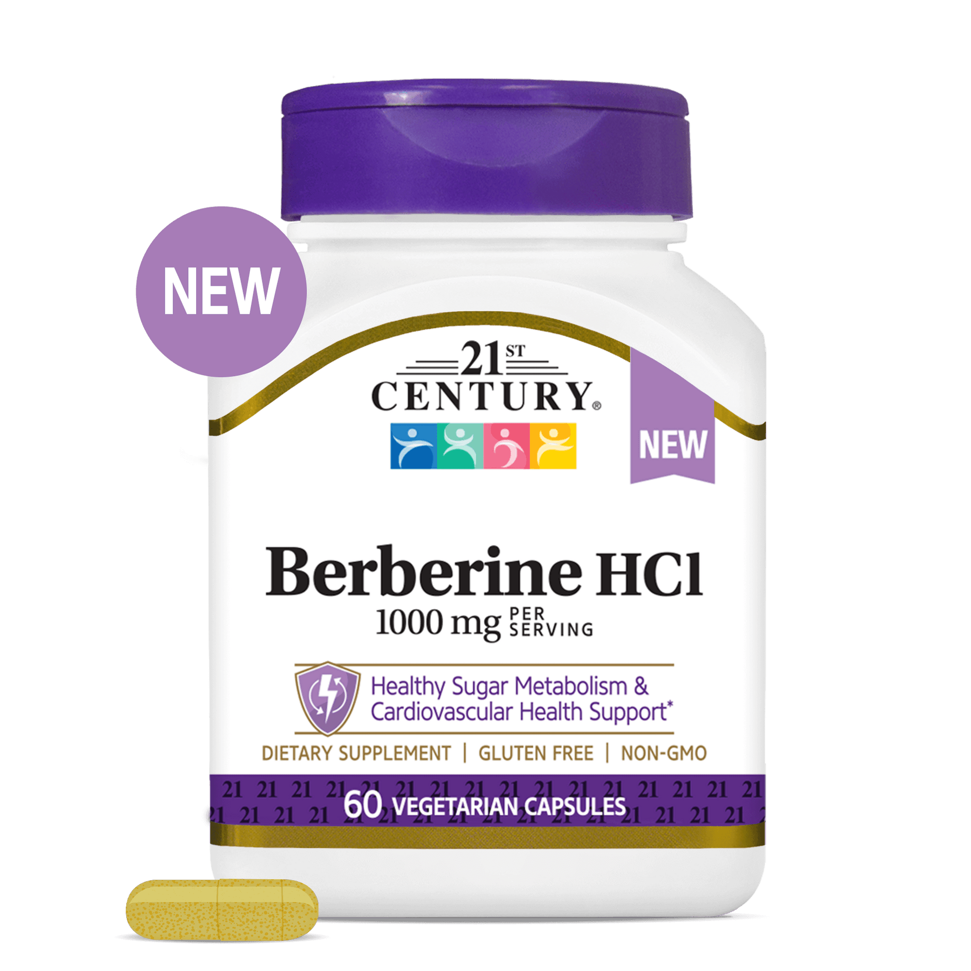 A bottle of 21st Century Berberine HCl 1000 mg capsules with a berberine capsule in front.