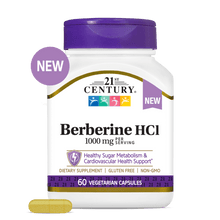 A bottle of 21st Century Berberine HCl 1000 mg capsules with a berberine capsule in front.