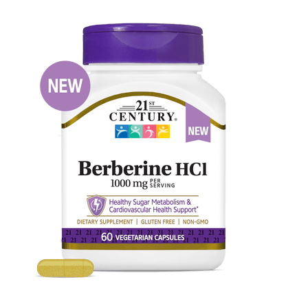 A bottle of 21st Century Berberine HCl 1000 mg capsules with a berberine capsule in front.