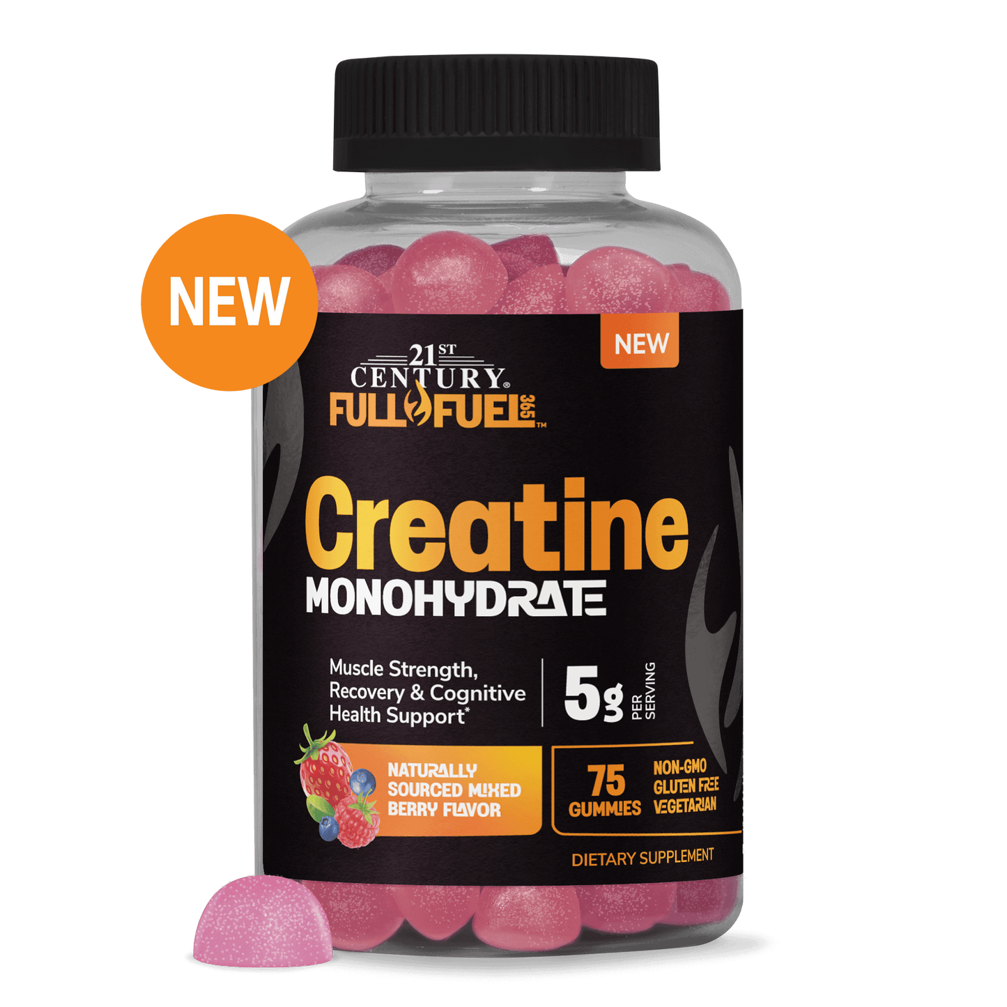 A bottle of 21st century full fuel 365 creatine 5 g berry flavored gummies.