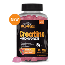 A bottle of 21st century full fuel 365 creatine 5 g berry flavored gummies.