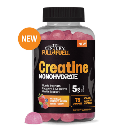 A bottle of 21st century full fuel 365 creatine 5 g berry flavored gummies.