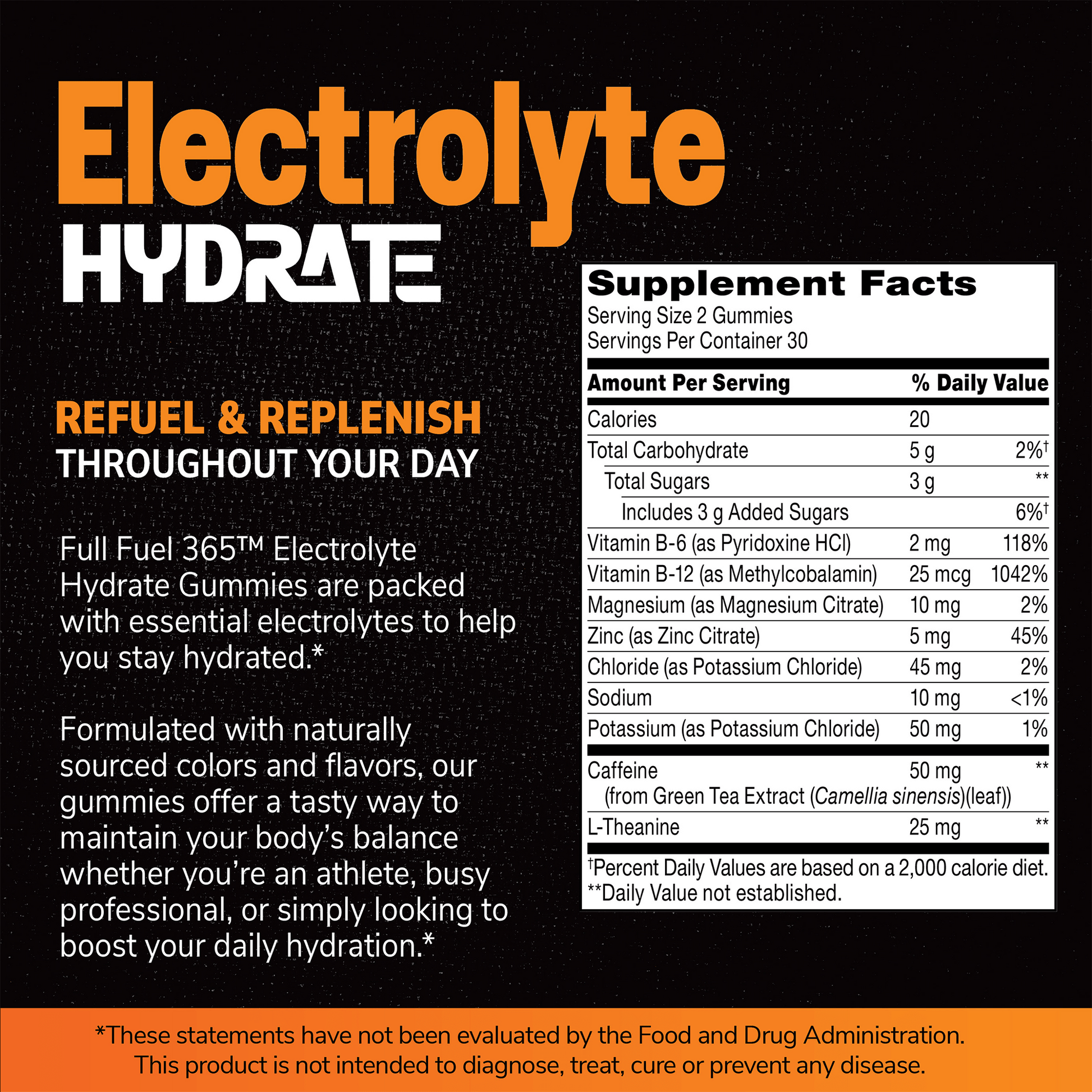 An image of the supplement facts panel to the right and on the left the copy electrolyte hydrate, refuel and replenish throughout your day, and the claims full fuel 365 electrolyte hydrate gummies are packed with essential electrolytes to help you stay hydrated and formulated with naturally sourced colors and flavors, our gummies offer a tasty way to maintain your body's balance whether you're an athlete, busy professional, or simply looking to boost your daily hydration.