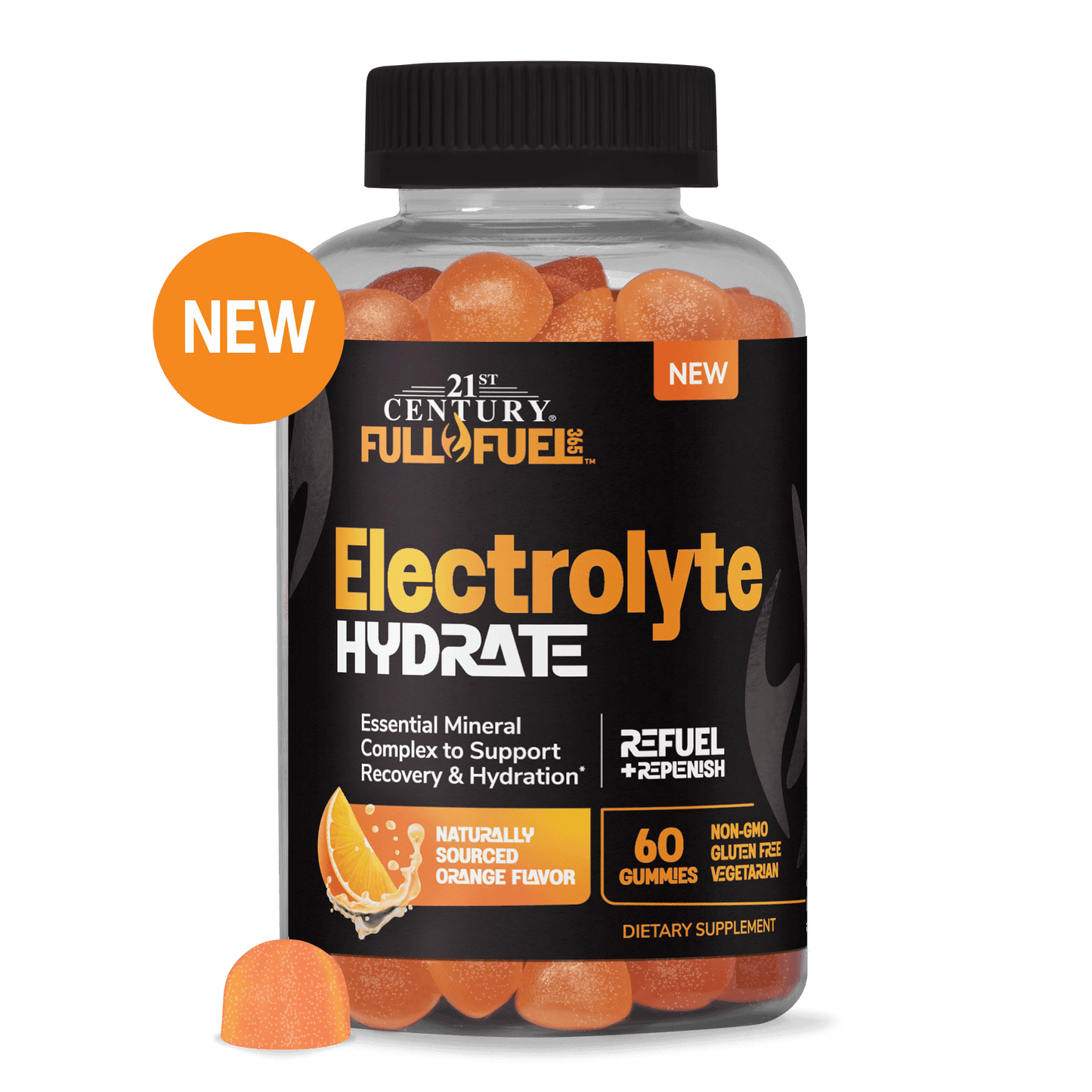 Bottle of 21st Century Full Fuel Electrolyte Hydrate gummies with a white background