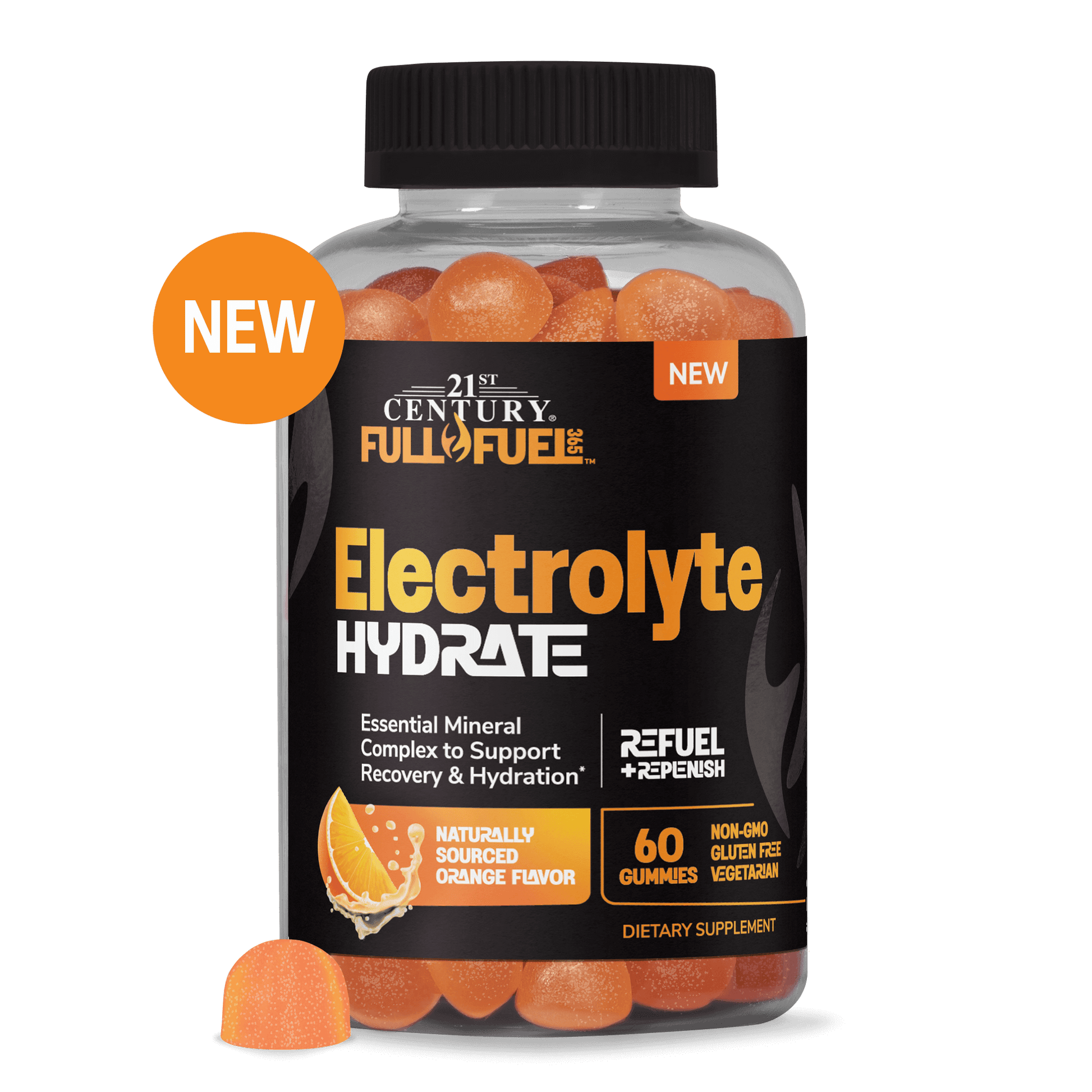 Bottle of 21st Century Full Fuel Electrolyte Hydrate gummies with a white background