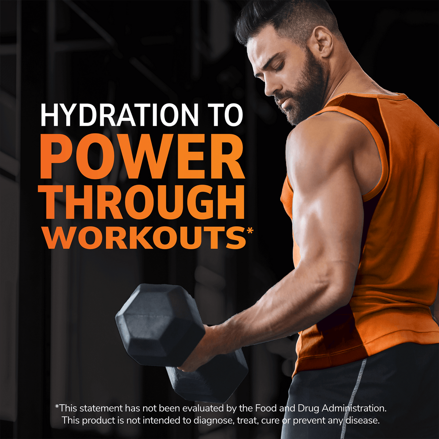 A strong man in a tank top holding a dumbbell looking down at his flexed bicep and the words hydration to power through workouts.