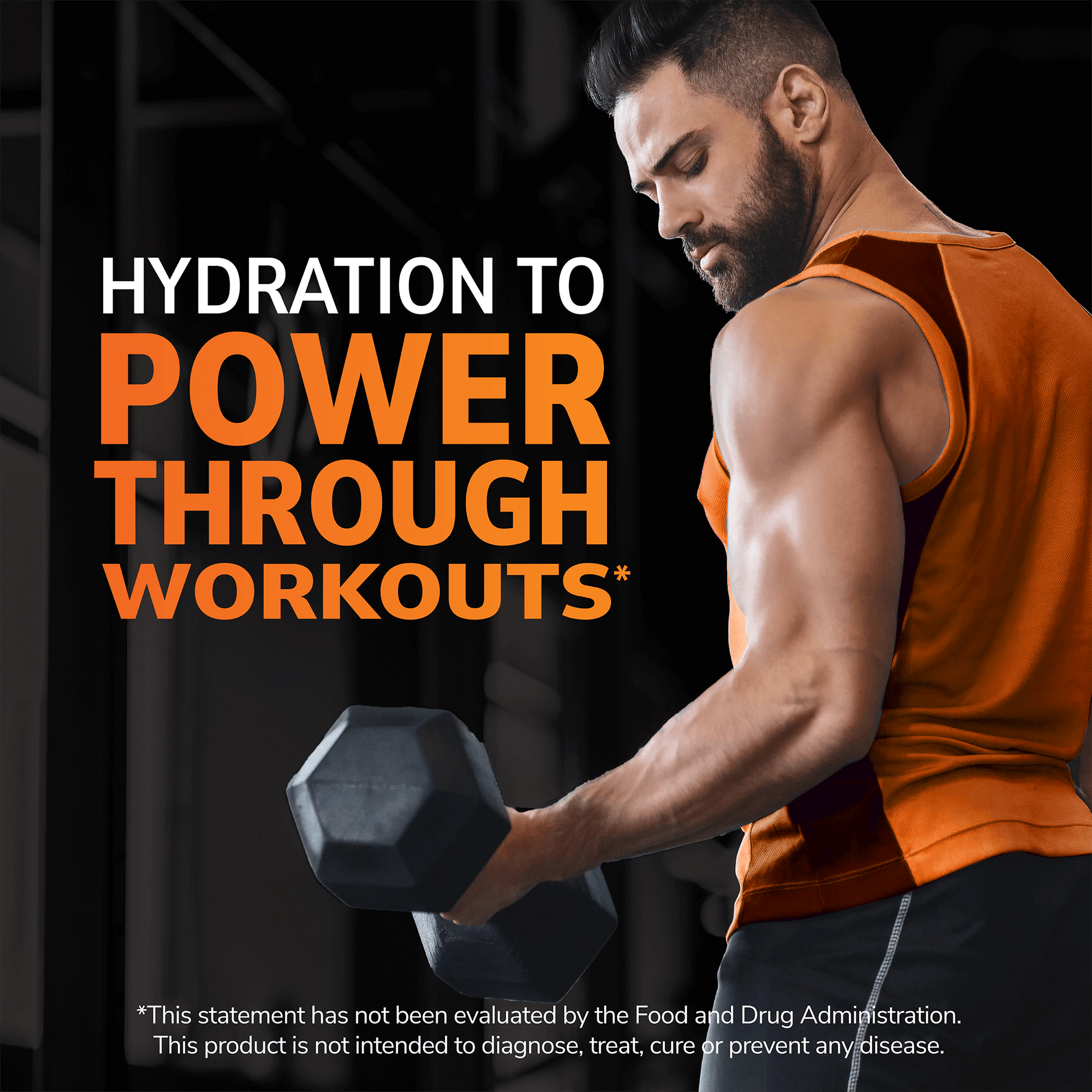 A strong man in a tank top holding a dumbbell looking down at his flexed bicep and the words hydration to power through workouts.