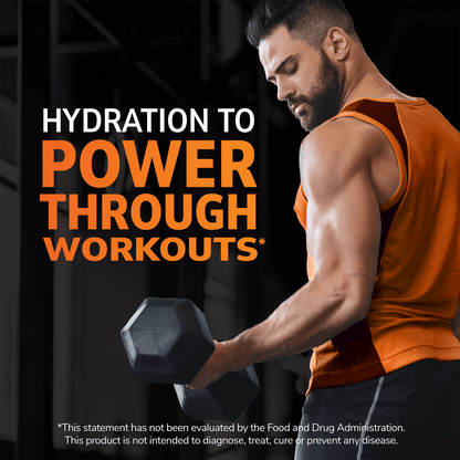 A strong man in a tank top holding a dumbbell looking down at his flexed bicep and the words hydration to power through workouts.