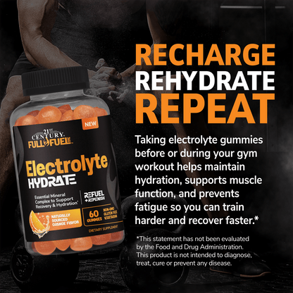 A bottle of 21st Century Full Fuel 365 Electrolyte Hydrate gummies with a man in the gym with chalk in his hands and kettle bells on the floor in the background and the words recharge, rehydrate repeat and claim taking electrolyte gummies before or during your gym workout helps maintain hydration, supports muscle function, and prevents fatigue so you can train harder and recover faster.