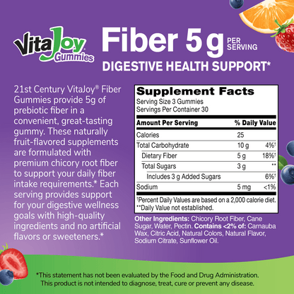 An image of the 21st Century VitaJoy Fiber 5 g gummies supplement facts panel, the claims digestive health support, 21st century vitajoy fiber gummies provide 5 g of prebiotic fiber in a convenient, great tasting gummy, these naturally fruit flavored supplements are formulated with premium chicory root fiber to support your daily fiber intake requirements, each serving provides support for your digestive wellness goals with high-quality ingredients and no artificial flavors or sweeteners.