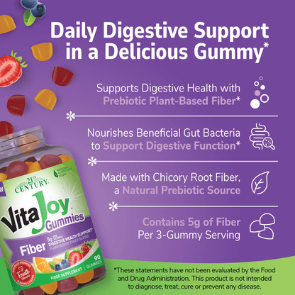 A bottle of VitaJoy Fiber Gummies with fiber gummy supplements coming out of the top, fruit images and the claims daily digestive support in a delicious gummy, supports digestive health with prebiotic plant-based fiber, nourishes beneficial gut bacteria to support digestive function, made with chicory root fiber, a natural prebiotic source and contains 5 g of fiber per 3 gummy serving.