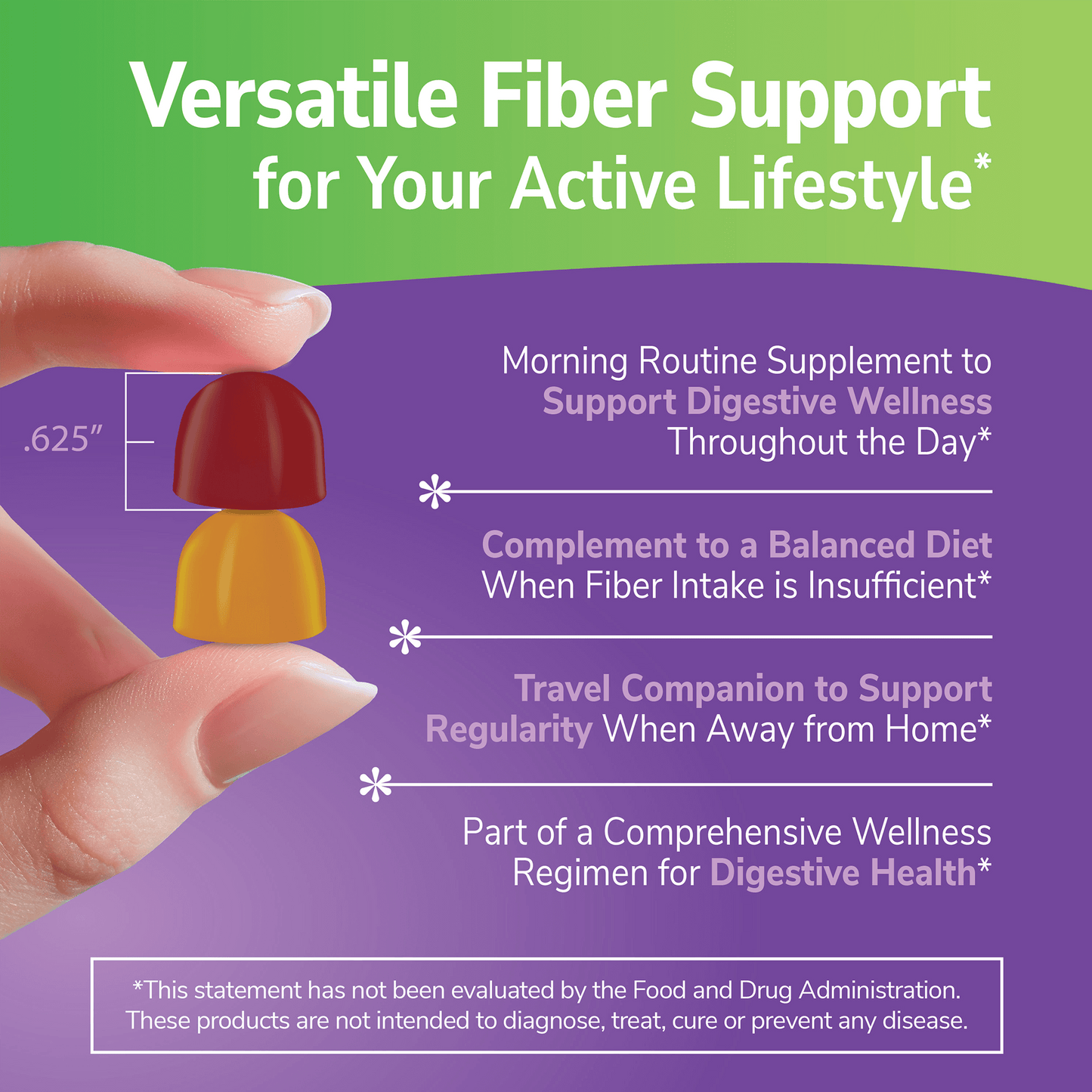 A woman's hand holding two fiber gummies between her finger and the claims versatile fiber support for your active lifestyle, morning routine supplement to support digestive wellness throughout the day, complement to a balanced diet when fiber intake is insufficient, travel companion to support regularity when away from home, and part of a comprehensive wellness regimen for digestive health.