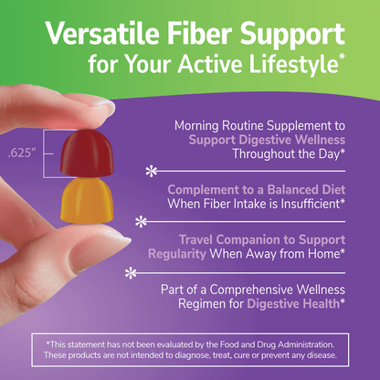 A woman's hand holding two fiber gummies between her finger and the claims versatile fiber support for your active lifestyle, morning routine supplement to support digestive wellness throughout the day, complement to a balanced diet when fiber intake is insufficient, travel companion to support regularity when away from home, and part of a comprehensive wellness regimen for digestive health.