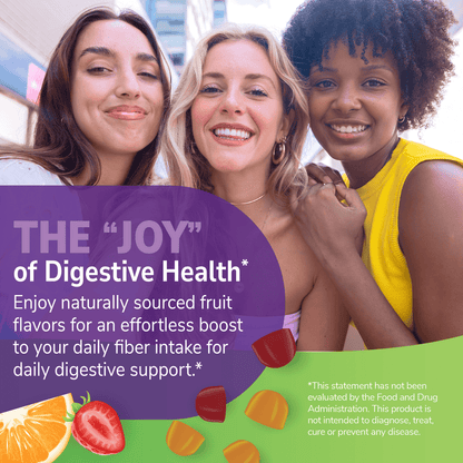 An image of three female friends smiling and the claim the joy of digestive health, enjoy naturally sourced fruit flavors for an effortless boost to your daily fiber intake for daily digestive support.