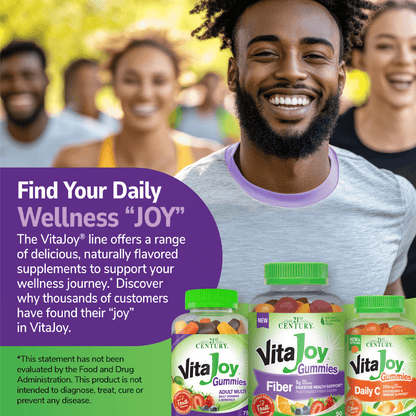 A group of diverse people jogging, a bottle of 21st Century Vitajoy Fiber 5 g gummies, Adult Multi gummies and Daily C 250 mg gummies and the claim find your daily wellness joy, the vitajoy line offers a range of delicious, naturally flavored supplements to support your wellness journey, and discover why thousands of customers have found their joy in vitajoy.