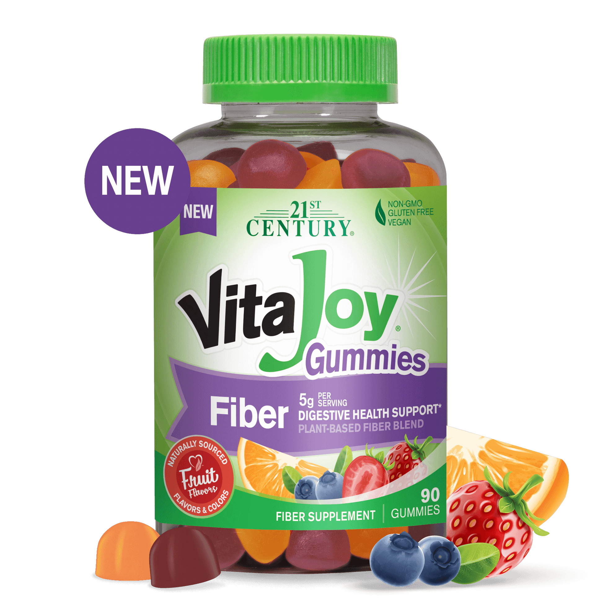 A bottle of 21st Century VitaJoy Fiber 5 g Gummies with 2 gummies in front of bottle and two blue berries, a strawberry and an orange slice to the right.
