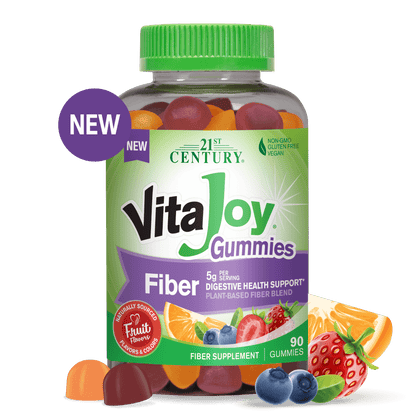 A bottle of 21st Century VitaJoy Fiber 5 g Gummies with 2 gummies in front of bottle and two blue berries, a strawberry and an orange slice to the right.