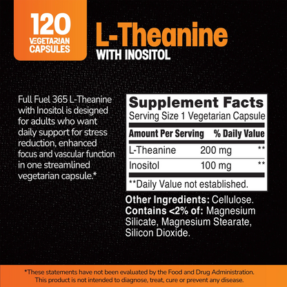 Supplement label for Full Fuel 365 L-Theanine with Inositol with ingredient list and serving size on a black background 