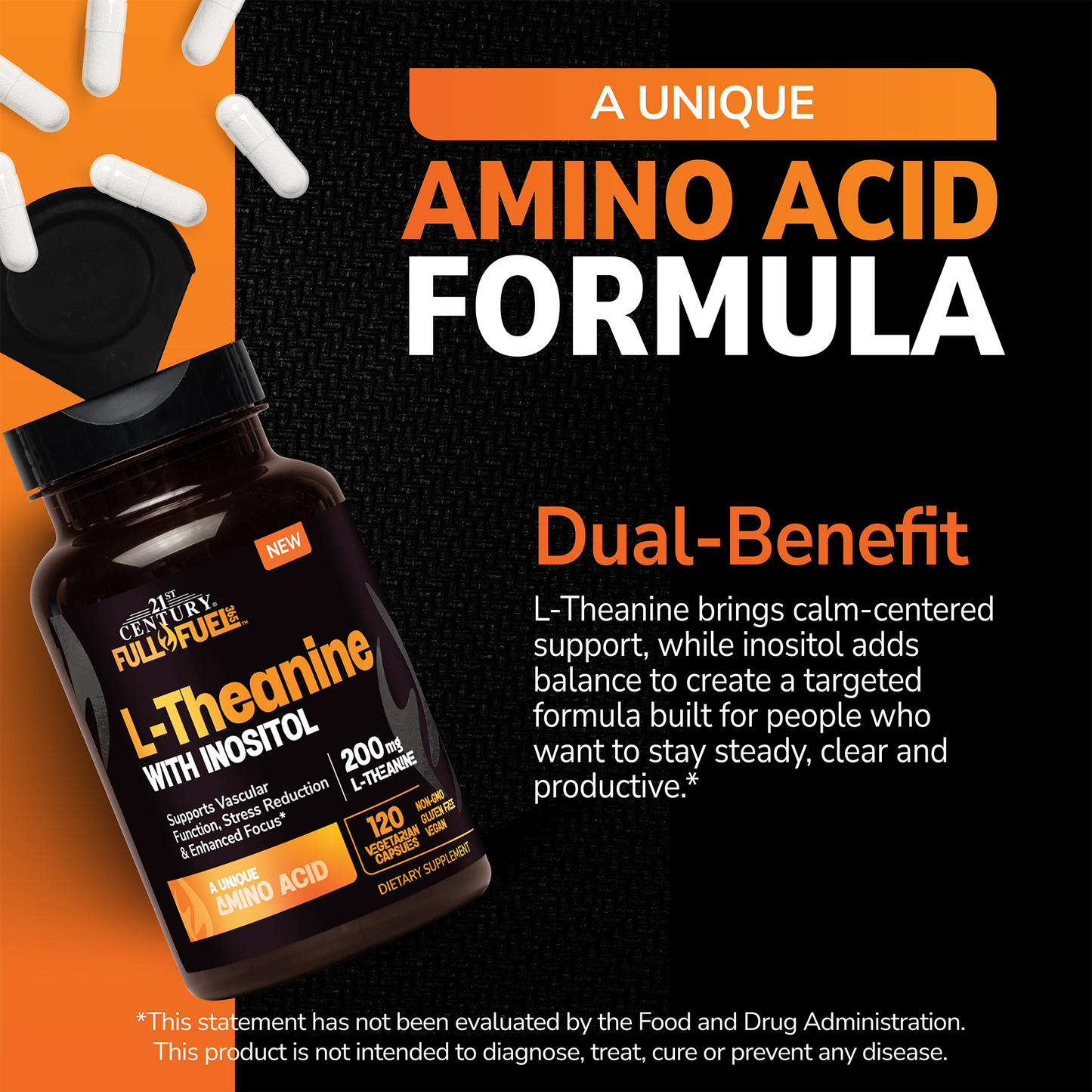 Full Fuel 365 L-Theanine supplement bottle with pills spilling out and white and orange text on a black background