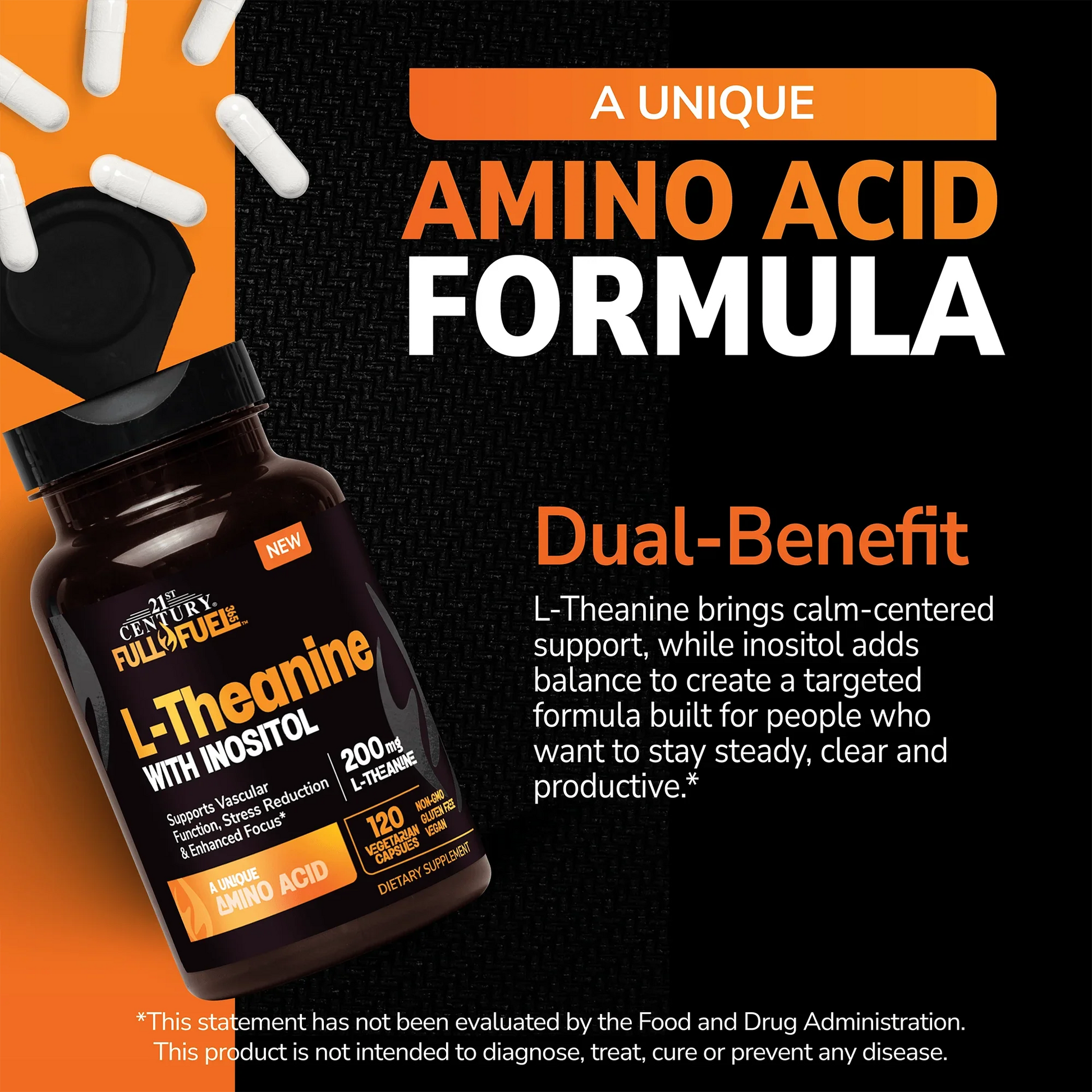 21st Century Full Fuel 365 L-Theanine with Inositol supplement bottle with pills spilling out and white text on a black background