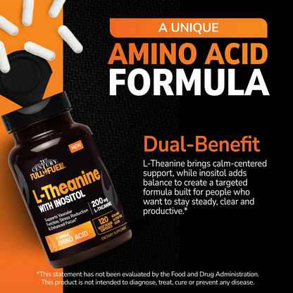 21st Century Full Fuel 365 L-Theanine with Inositol supplement bottle with pills spilling out and white text on a black background