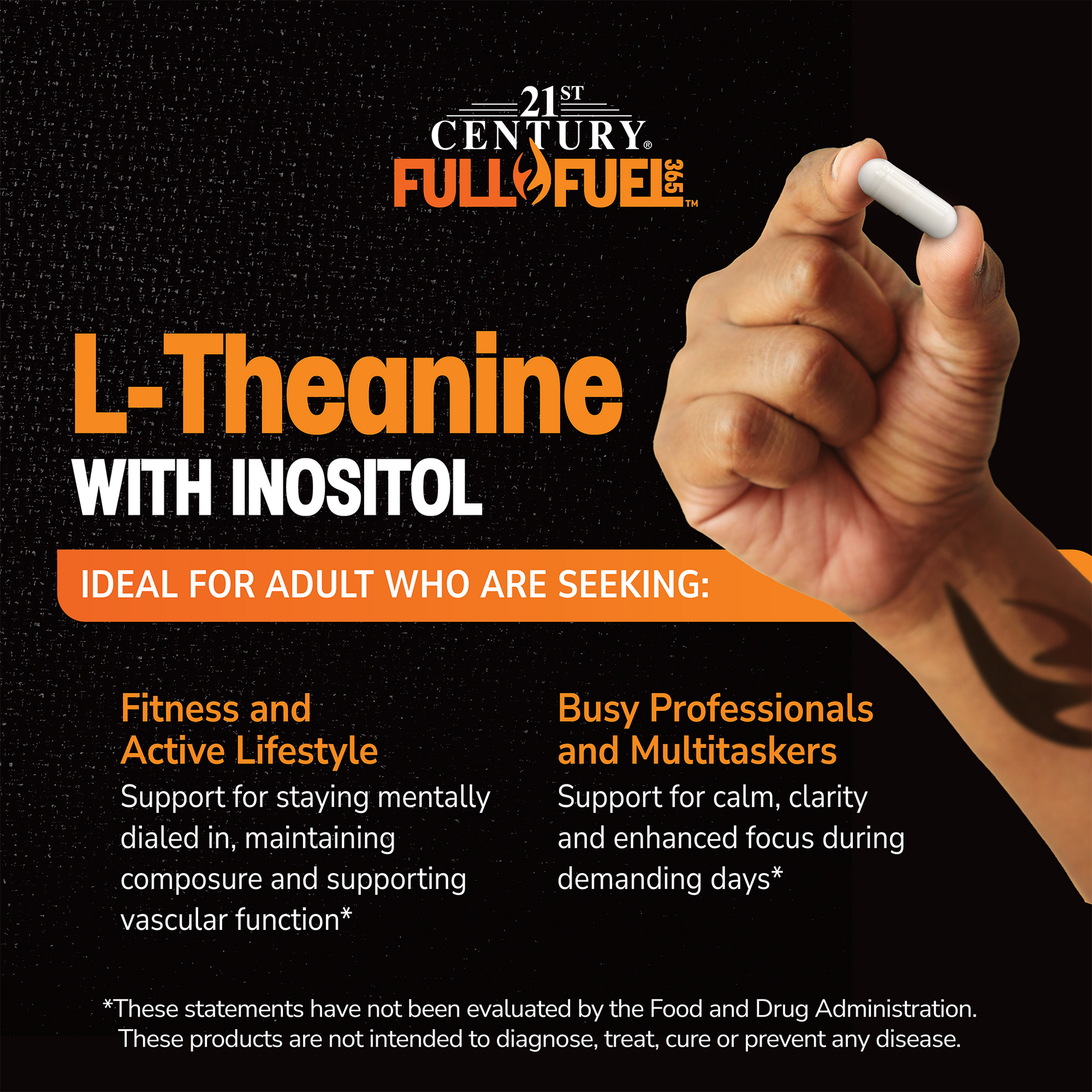 Hand holding a Full Fuel 365 L-Theanine supplement with text about product benefits on a black background