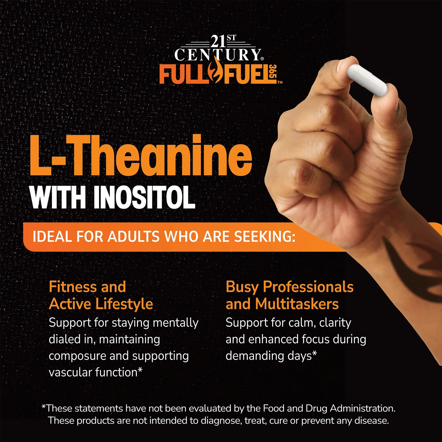 Hand holding a Full Fuel 365 L-Theanine with Inositol supplement with text about product benefits on a black background
