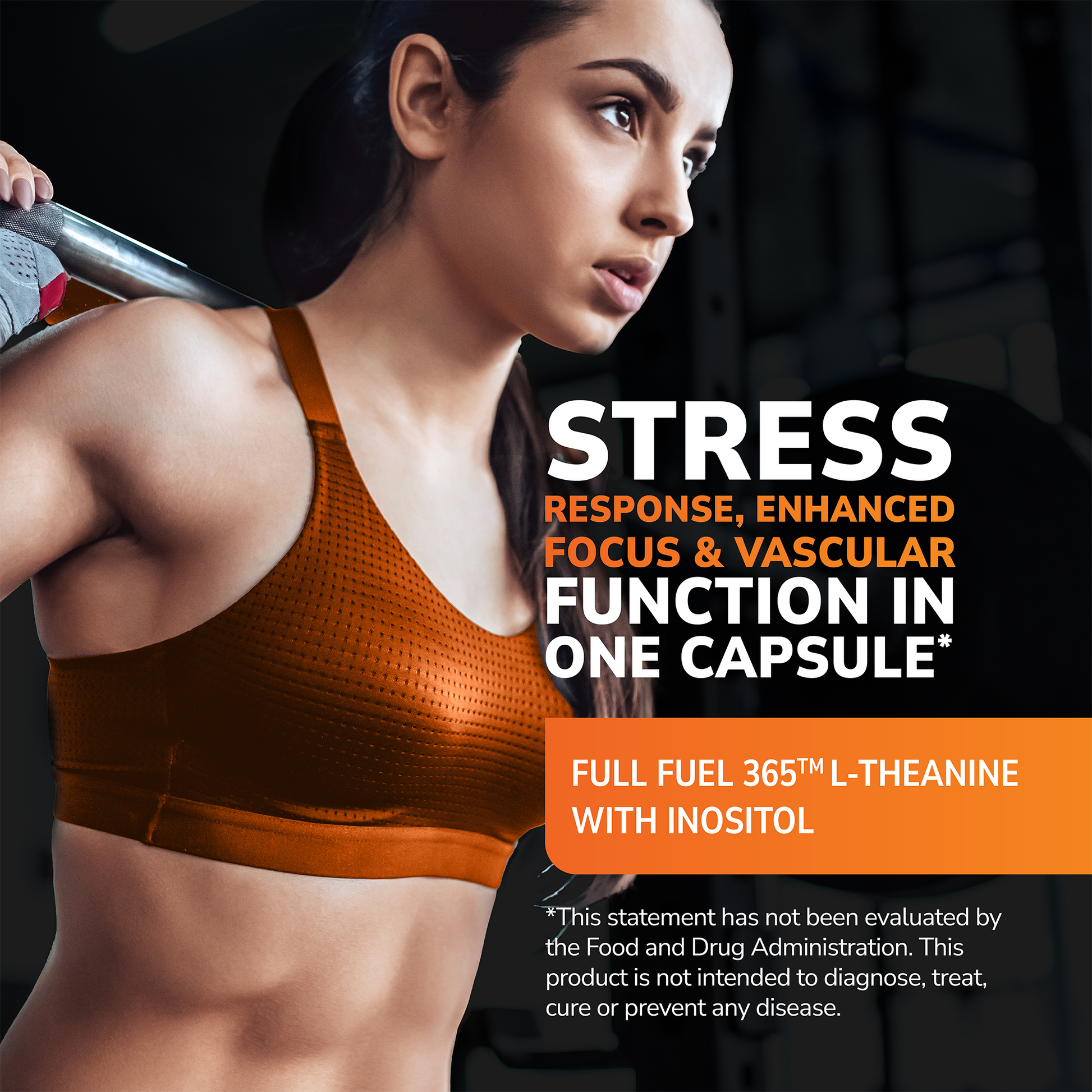 Woman at a gym with health supplement information overlay