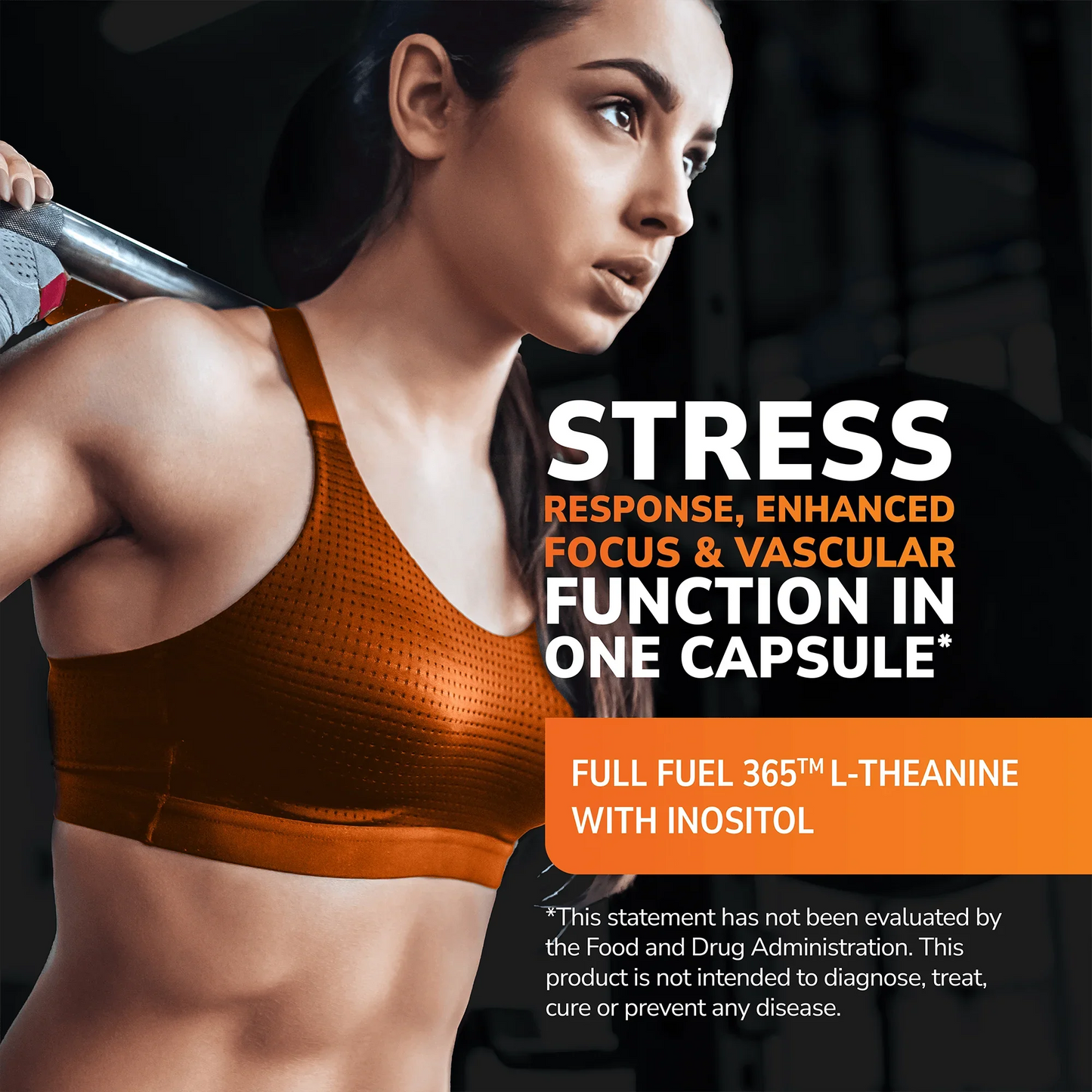 Woman working out in a gym with health supplement information overlay