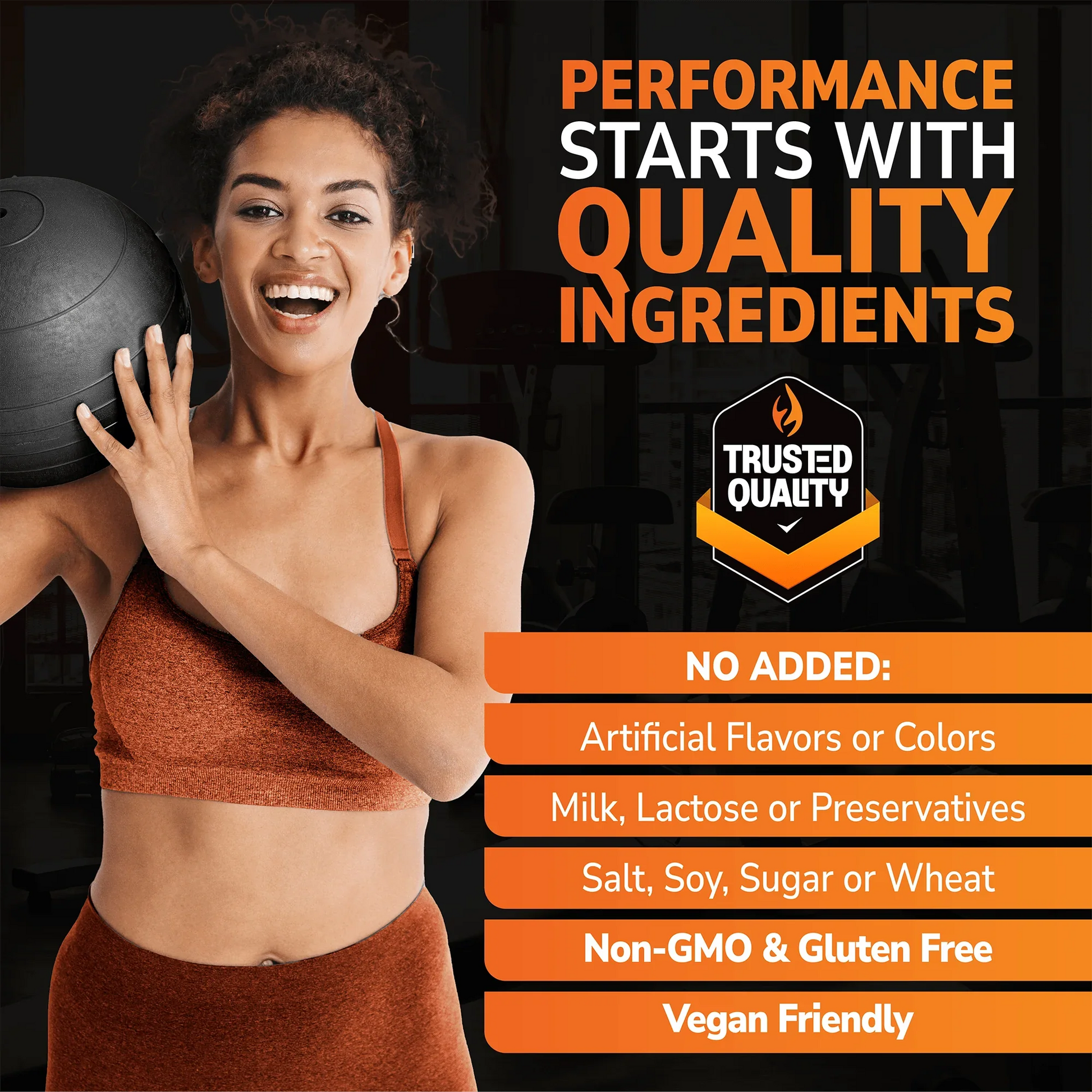 Woman holding weights with Smart Ingredients branding on a black background and No Added info