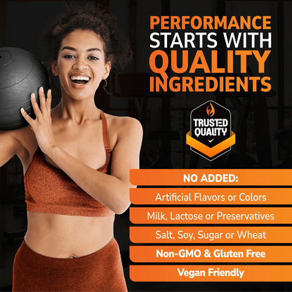 Woman holding weights with Smart Ingredients branding on a black background and No Added info