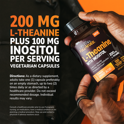 Man holding the Full Fuel 365 L-Theanine bottle advertisement overlay and product directions