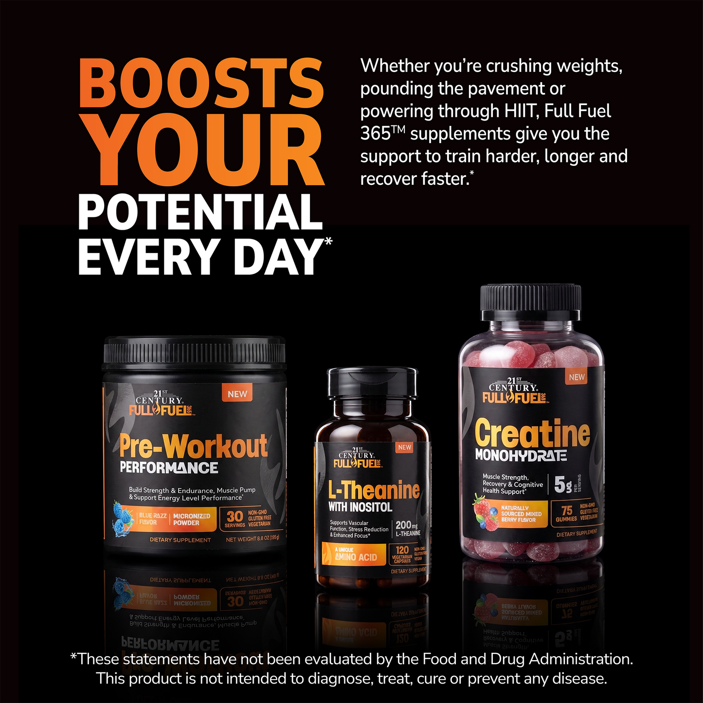 Supplement bottles with promotional text on a black background