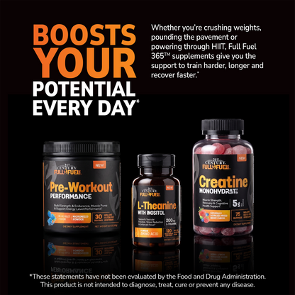 Supplement bottles with promotional text on a black background