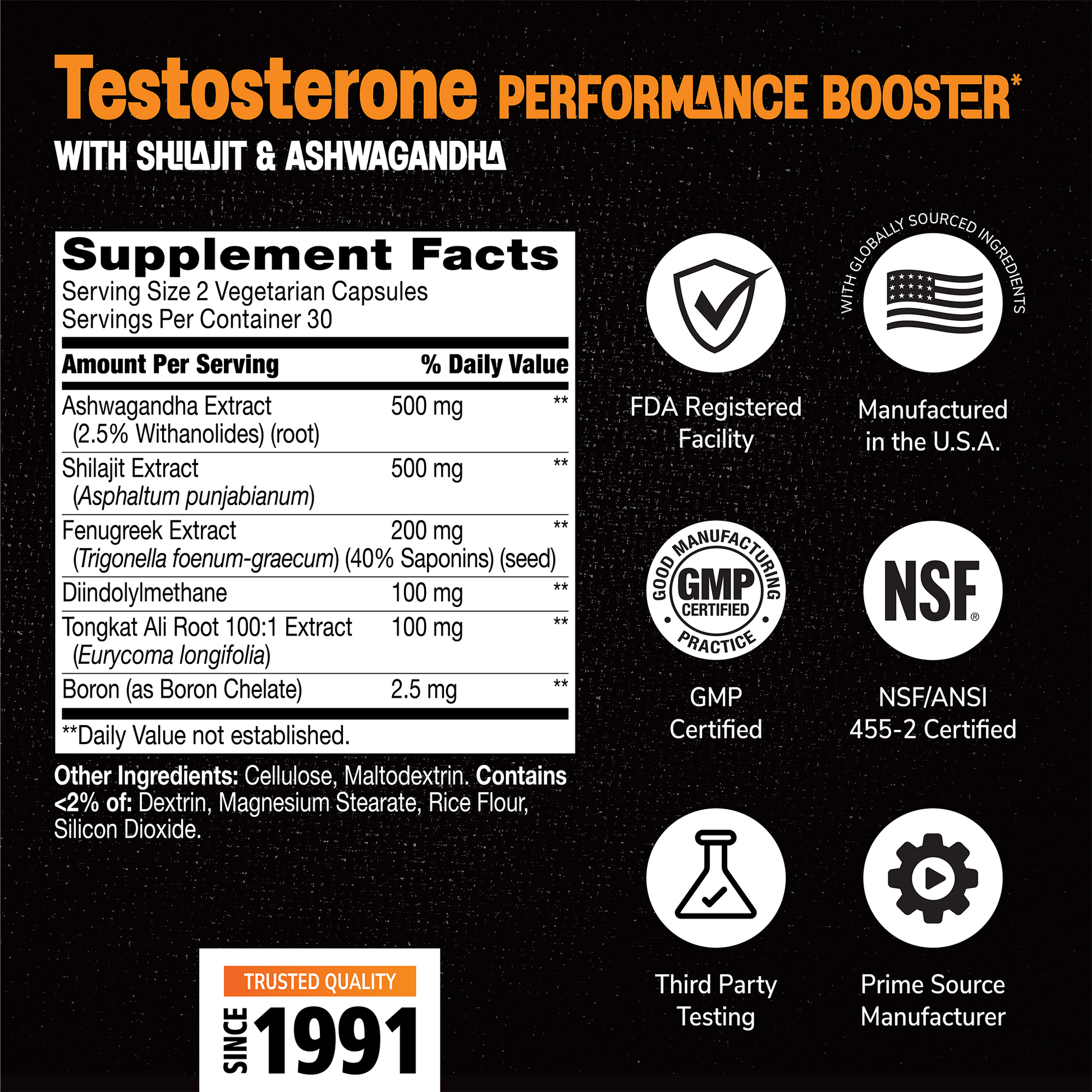 Supplement label for Full Fuel 365 Testosterone with ingredient list and serving size on a black background with quality image icons 