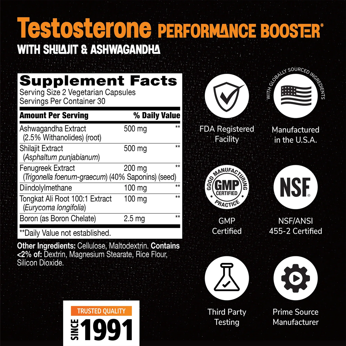 Supplement label for Full Fuel 365 Testosterone Performance Booster with ingredient list and serving size on a black background with quality image icons 