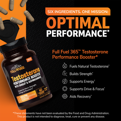 A bottle of Century Full Fuel Testosterone Performance Booster dietary supplement shown on a black and orange promotional background with floating capsules and text highlighting six ingredients and one mission.