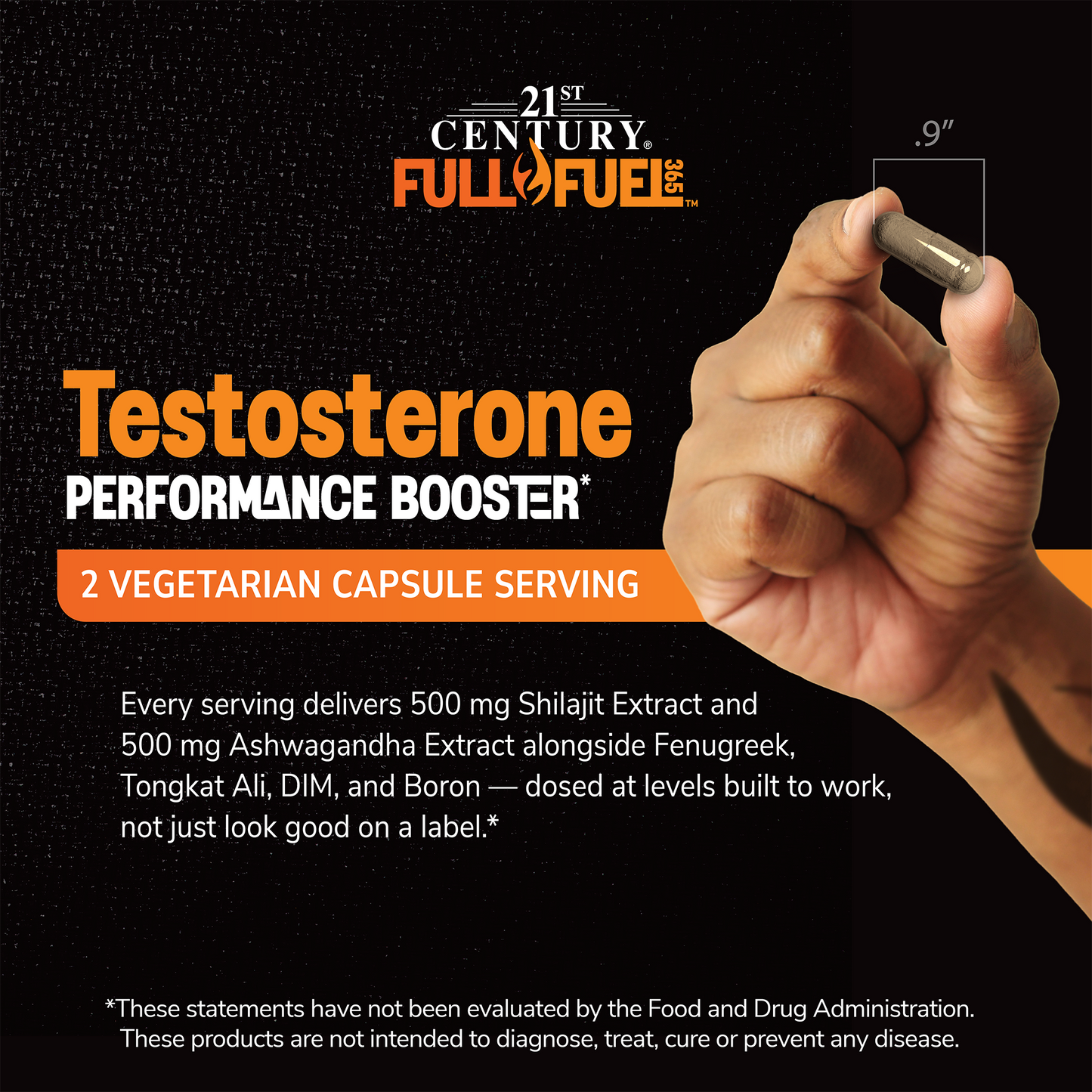 Hand holding a Full Fuel 365 supplement with text about product benefits on a black background