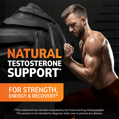 Man working out with health supplement information overlay