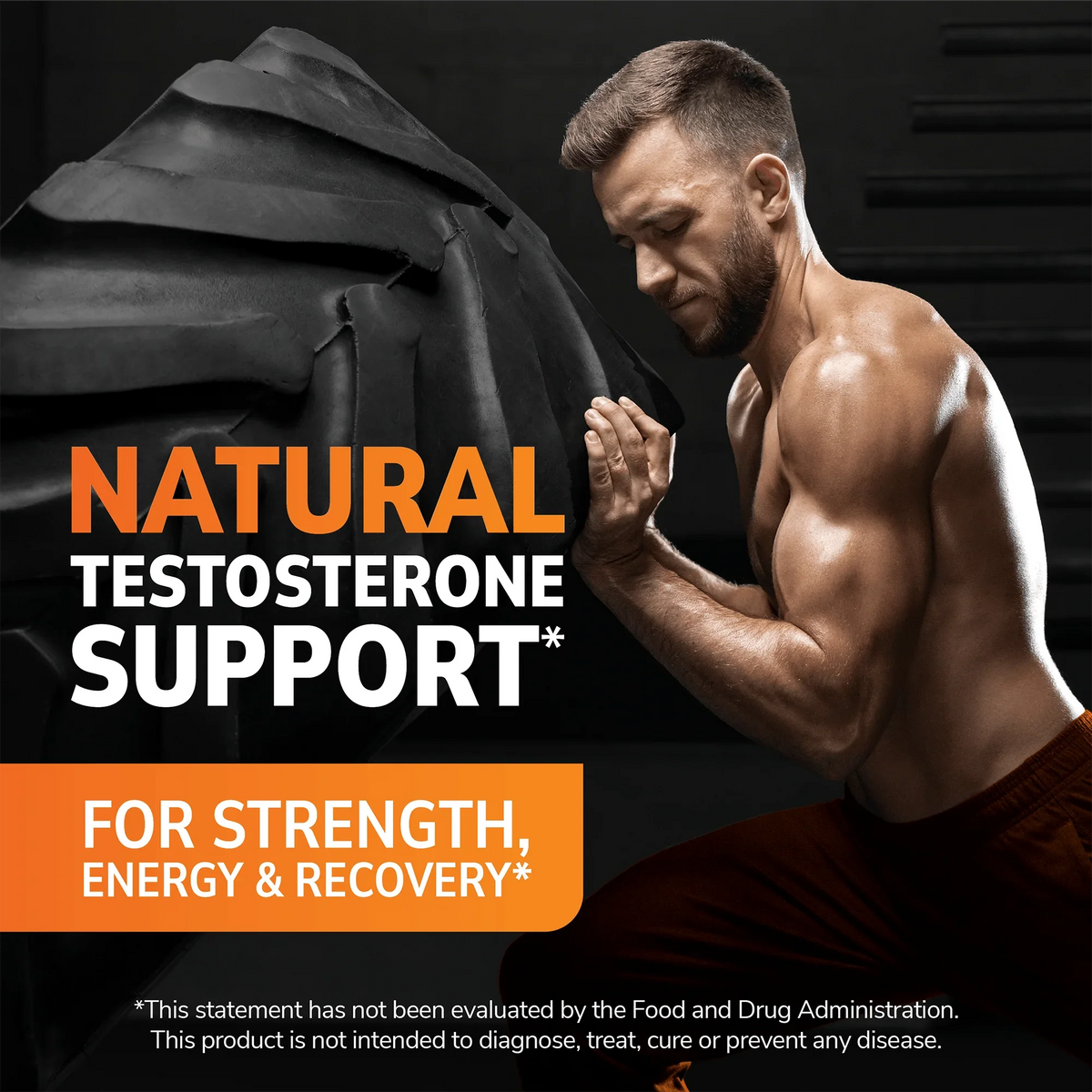 Man working out at a gym with health supplement information overlay