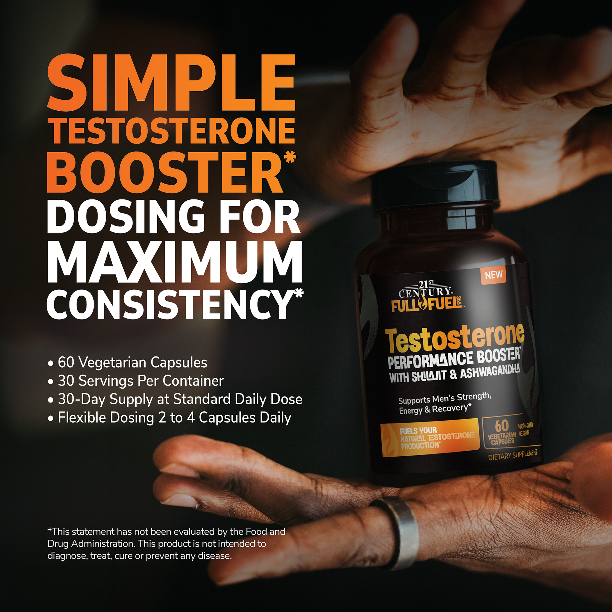 A bottle of testosterone booster dietary supplement held by hands against a dark background, with large promotional text on the left reading 'SIMPLE TESTOSTERONE BOOSTER DOSING FOR MAXIMUM CONSISTENCY'.
