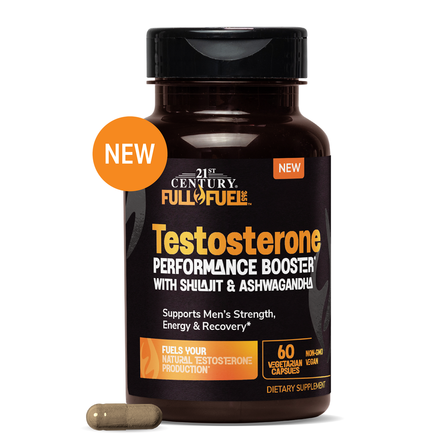 A bottle of 21st Century Full Fuel Testosterone Performance Booster dietary supplement, featuring a black cap and dark brown bottle with orange and white text, shown on a white background with a single capsule in front and orange 'NEW' badges.