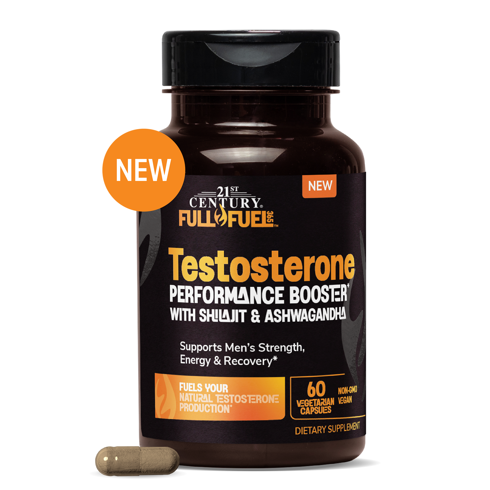 A bottle of 21st Century Full Fuel Testosterone Performance Booster dietary supplement, featuring a black cap and dark brown bottle with orange and white text, shown on a white background with a single capsule in front and orange 'NEW' badges.