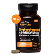 A bottle of 21st Century Full Fuel Testosterone Performance Booster dietary supplement, featuring a black cap and dark brown bottle with orange and white text, shown on a white background with a single capsule in front and orange 'NEW' badges.