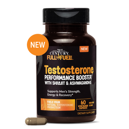 A bottle of 21st Century Full Fuel Testosterone Performance Booster dietary supplement, featuring a black cap and dark brown bottle with orange and white text, shown on a white background with a single capsule in front and orange 'NEW' badges.