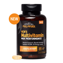 A bottle of full fuel 365 men's multivitamin max performance with a men's multivitamin tablet in front.